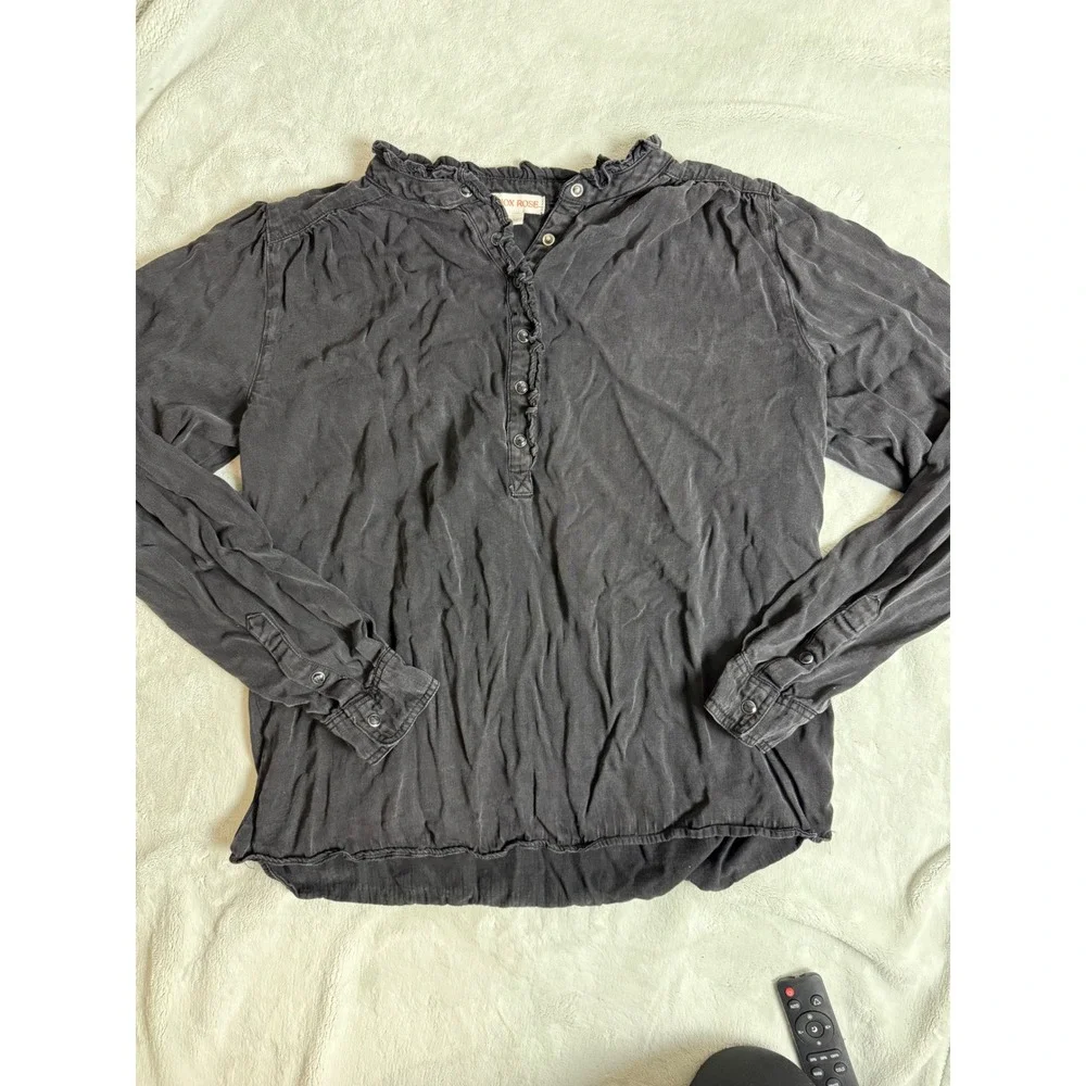 Knox Rose Ruffle Collar Button Down Long Sleeve Top Blouse Black L - Picture 1 of 5